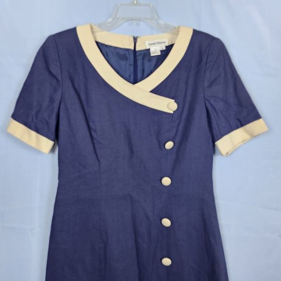 Vtg 80s? Sailor Stewardess Retro Linen Blend David Warren Dress Faux Wrap Sz 8 - Picture 2 of 14